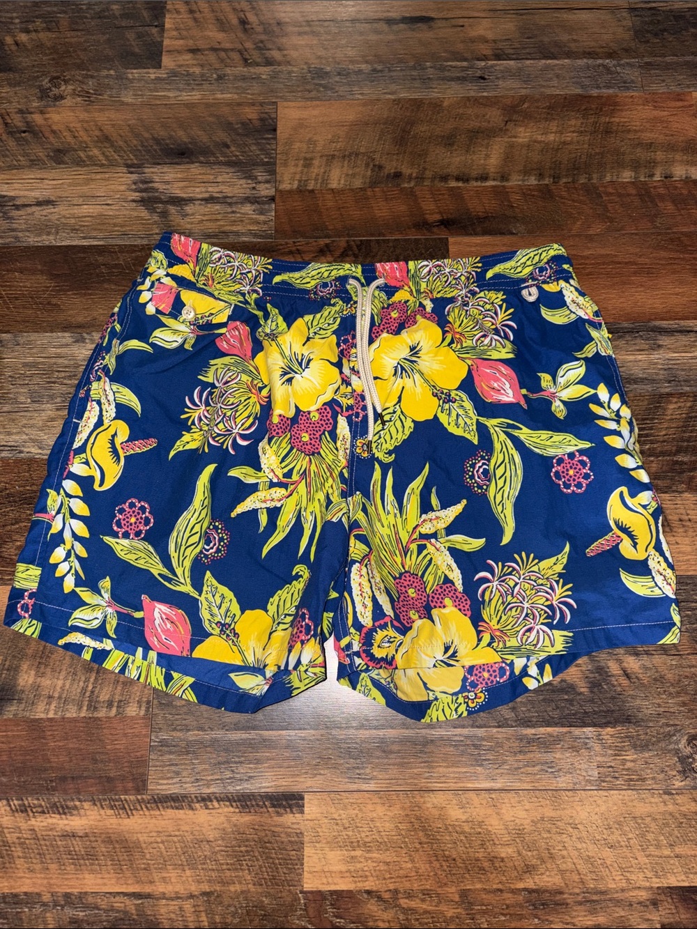 Polo Ralph Lauren Navy Floral Swim Trunks with Yellow & Pink Hibiscus